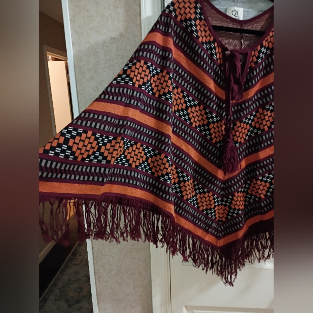 Women's Multicolor Patterned Sweater Poncho. - Picture 2 of 5